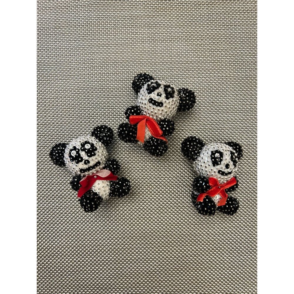 Beaded Hand Made Black White Panda Bear Figurines Ornaments Sequins Red Ribbon S
